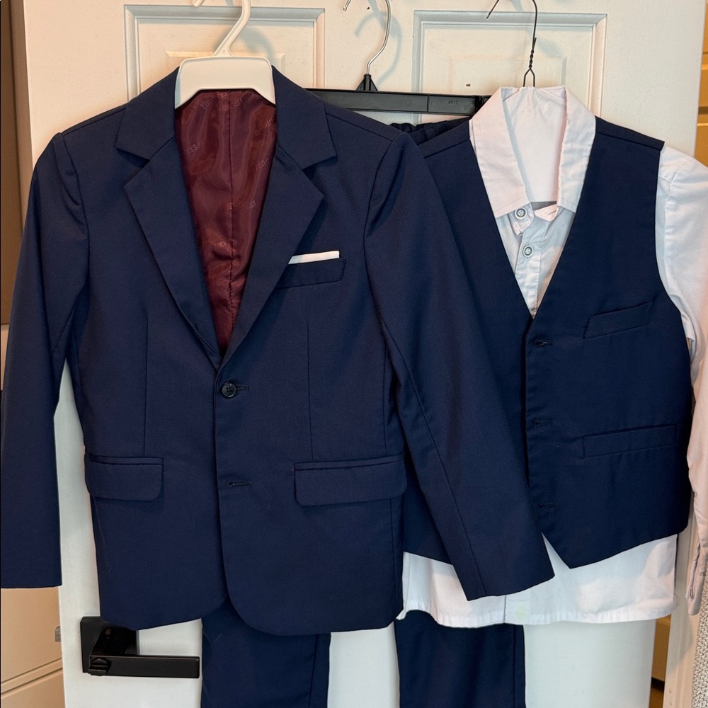 Size 10 Navy Blue Boys' Suit Set with Vest and white shirt